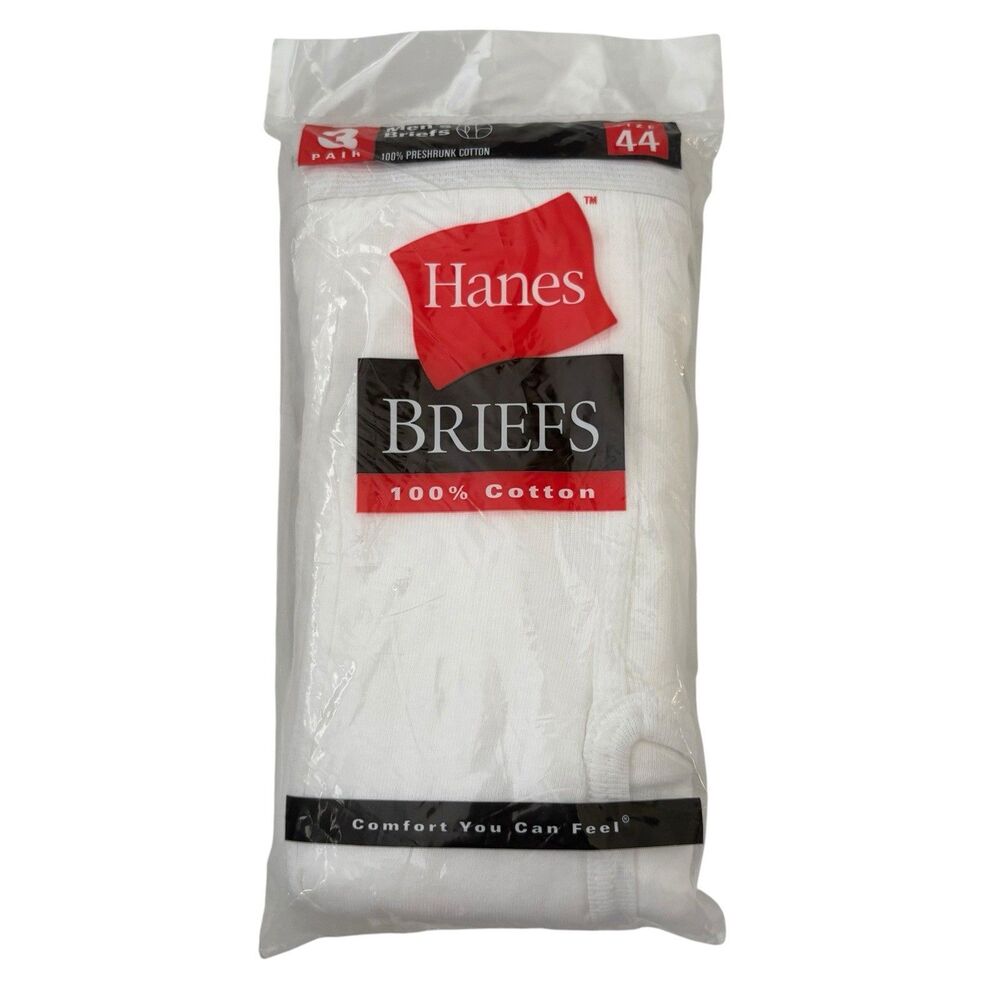 Vintage 3-Pack Hanes Mens Full Briefs Sz 44 White/Gray Waistband NOS 2000 Cotton
